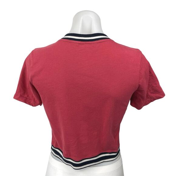 Abercrombie & Fitch Red Black Logo Stripe Short Sleeve Crop T Shirt Tee Top Sz S - Picture 2 of 5